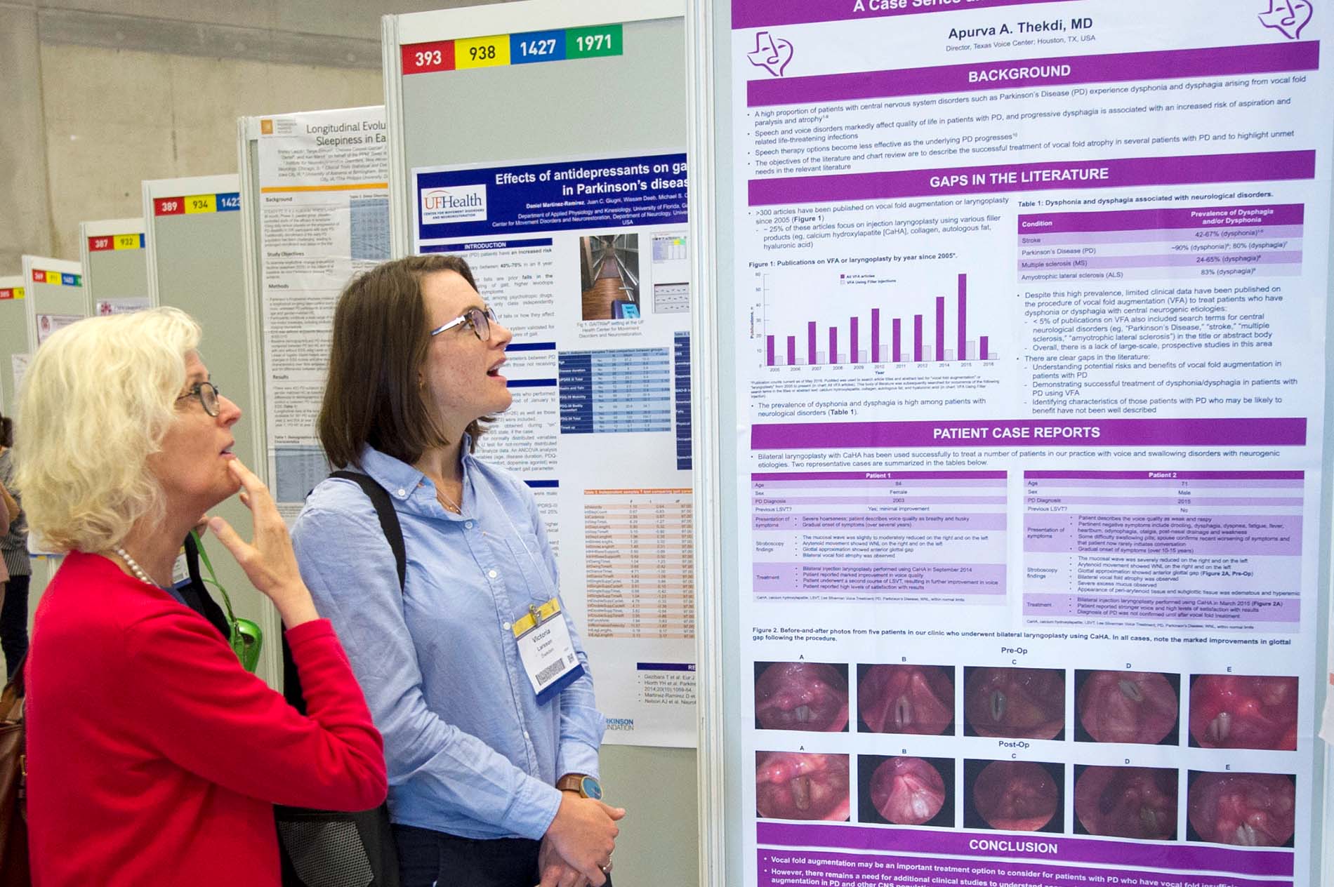 International Congress delegates look over posters of top movement disorder abstracts in the Poster Hall.